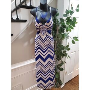Gievergate Women's Beige & Blue Sweetheart Neck Sleeveless Long Maxi Dress M